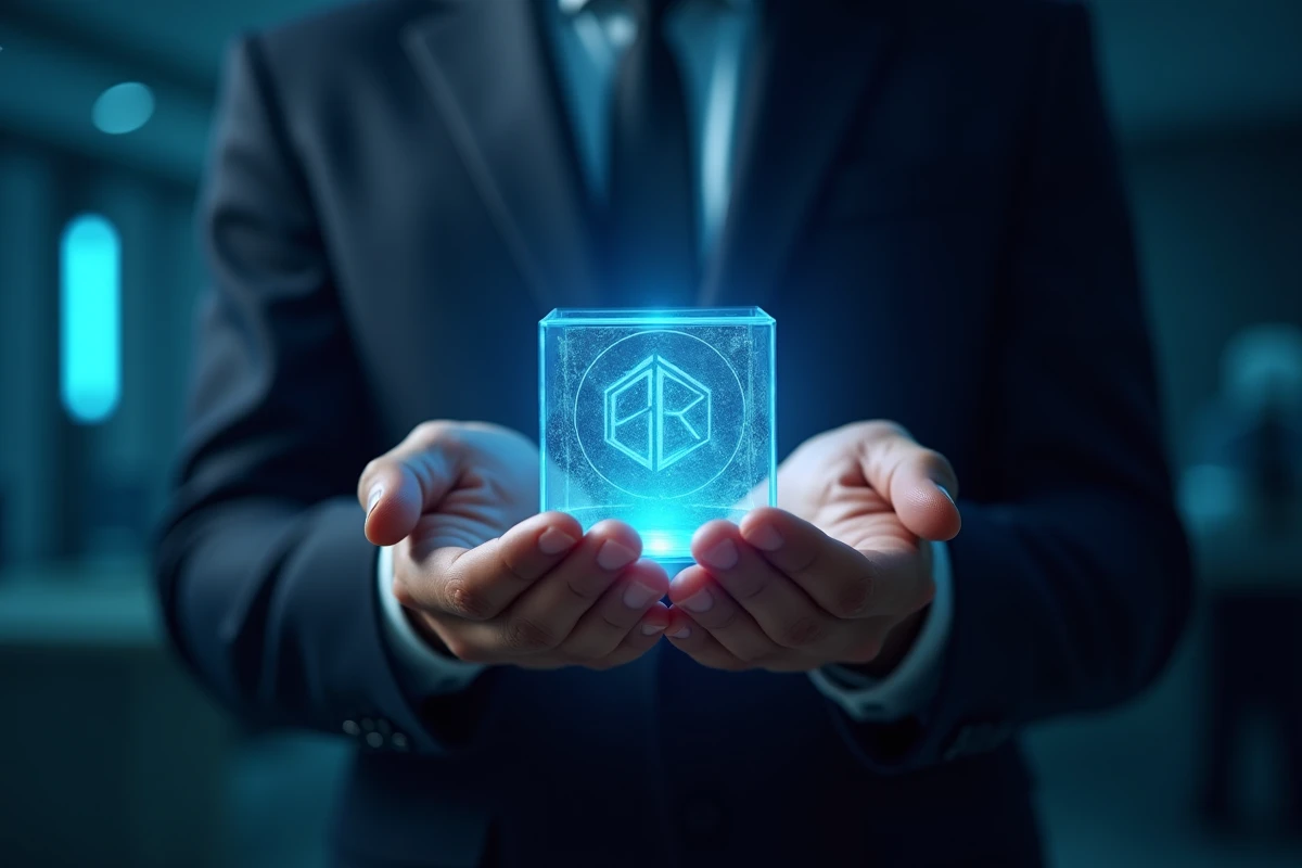 Mains d'un homme d'affaires tenant un cube transparent contenant une structure blockchain brillante et interconnectée