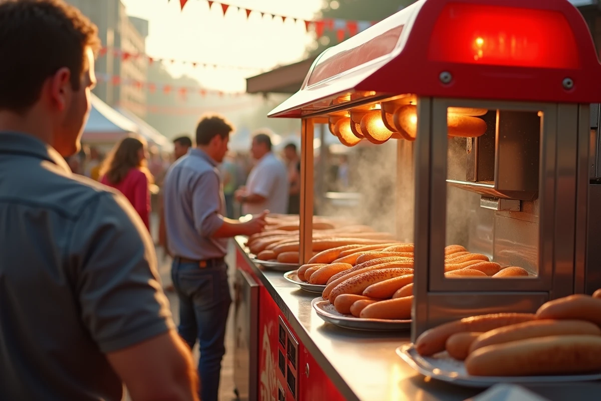 Scène animée avec station de hot dogs lors d'une grande célébration en plein air