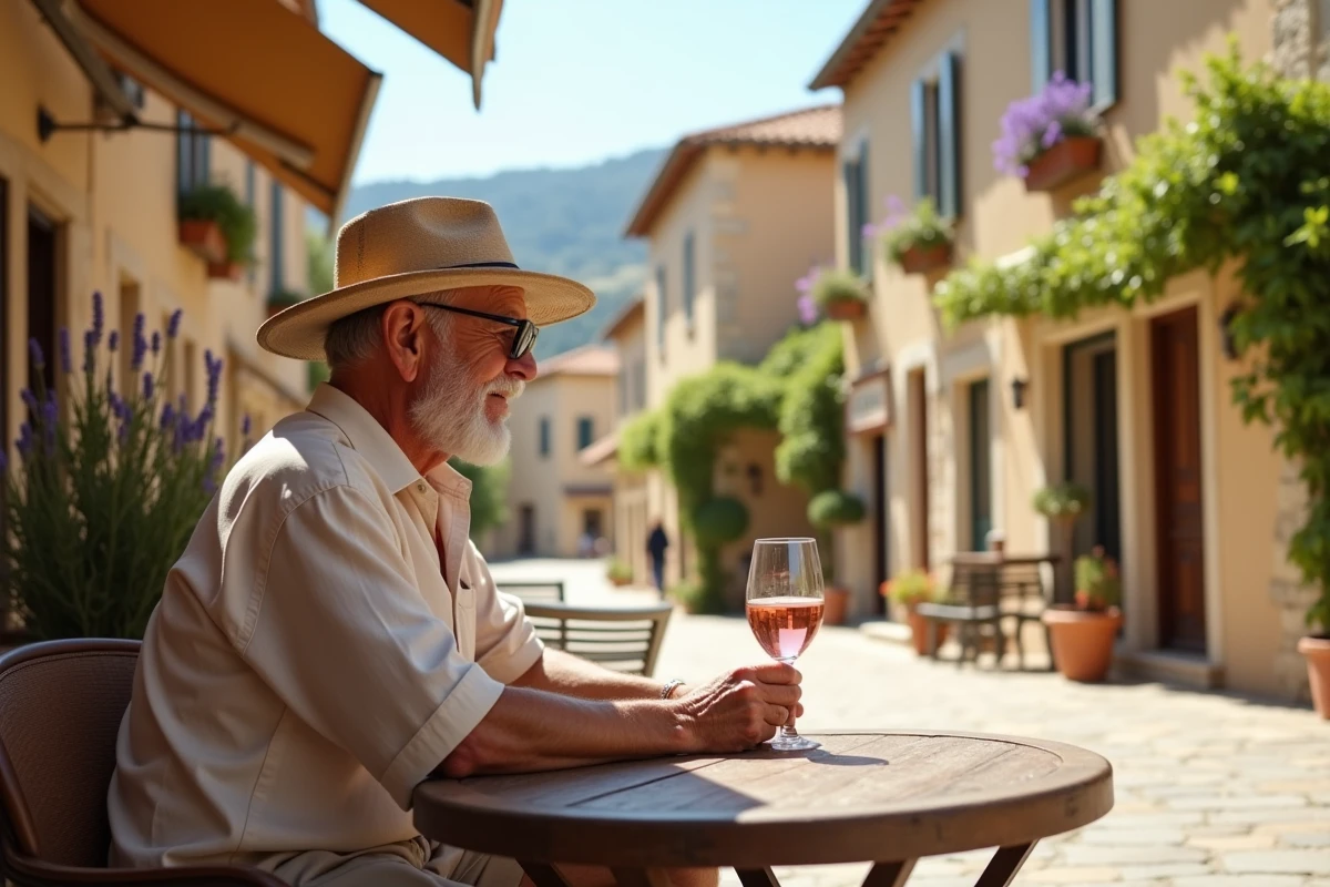 Homme âgé dégustant du vin rosé en terrasse d'un petit village provençal typique d'Ardèche