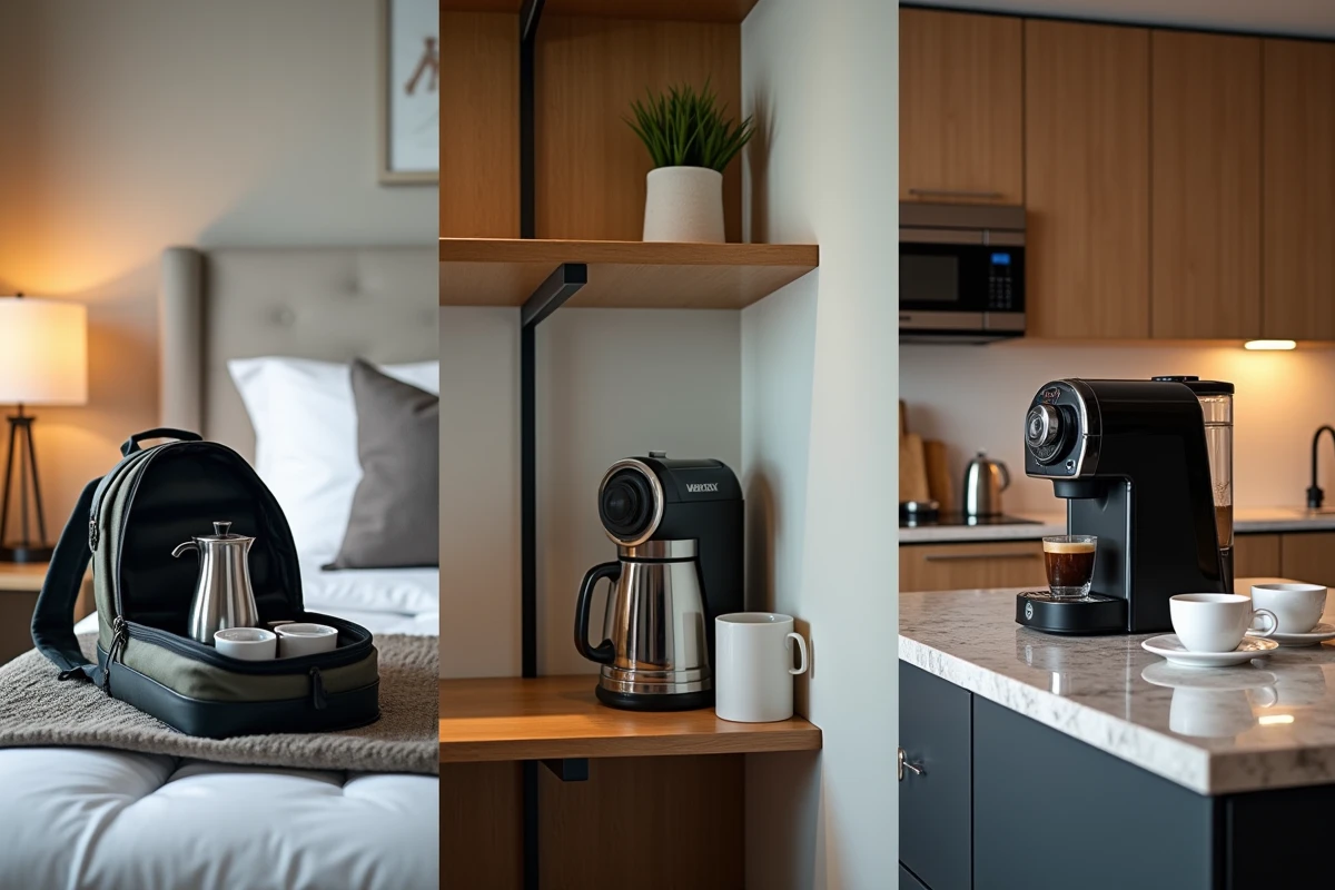 Triptyque illustrant trois machines à café adaptées à trois modes de vie différents : voyage, studio et grande cuisine familiale