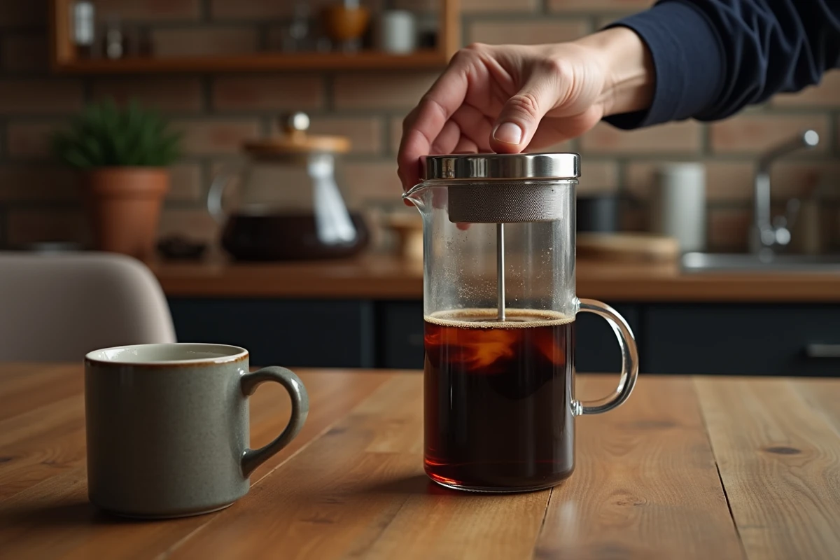 Cafetière à piston en verre avec piston enfoncé au milieu de l'extraction par immersion, aucun consommable jetable visible