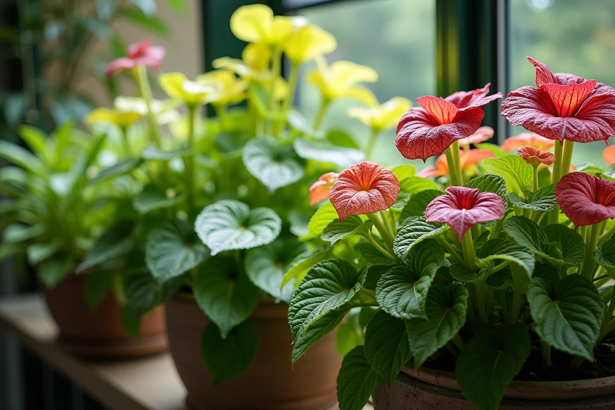Plantes à feuillage coloré pour balcon ombragé : caladiums et coleus en suspension