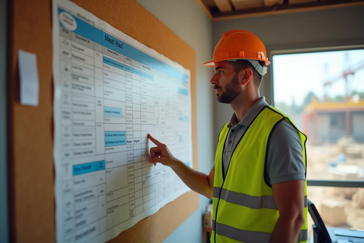 Chef de projet en tenue de sécurité présentant un planning Gantt détaillé pour un calendrier de construction industrielle
