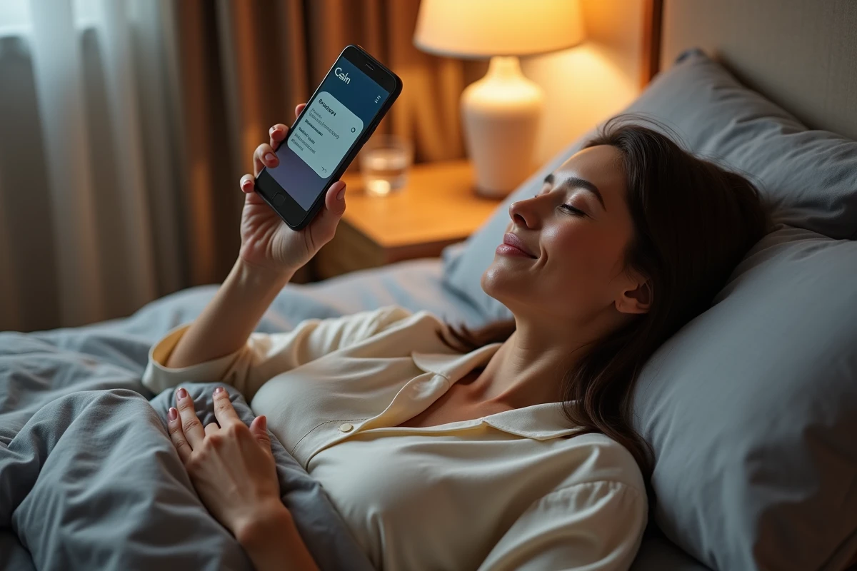 Femme utilisant l'application Calm dans son lit pour s'endormir grâce aux histoires et sons relaxants
