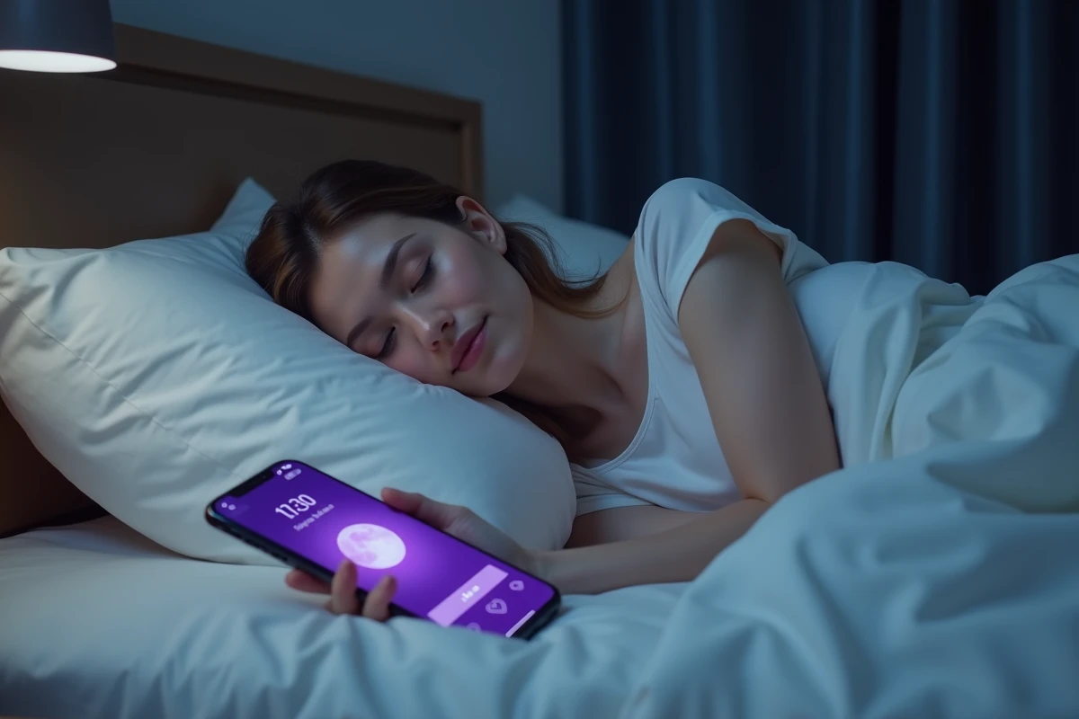 Femme allongée dans son lit avec l'application Calm affichée sur son smartphone, pour la relaxation et le sommeil