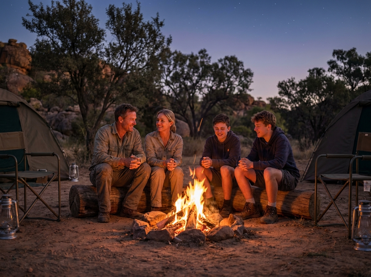 Famille autour d'un feu de camp dans la nature sud-africaine sauvage sous ciel étoilé