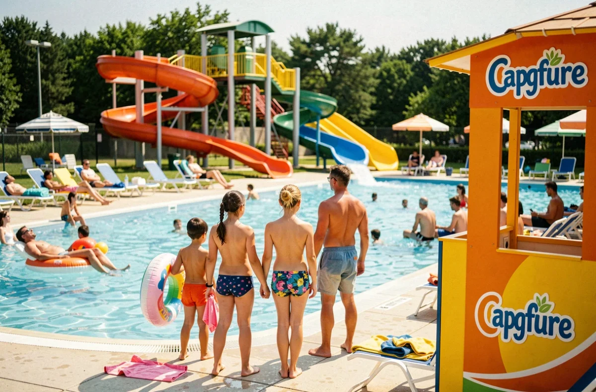 Espace aquatique animé du Camping Capfun La Régnière avec famille se dirigeant vers la piscine