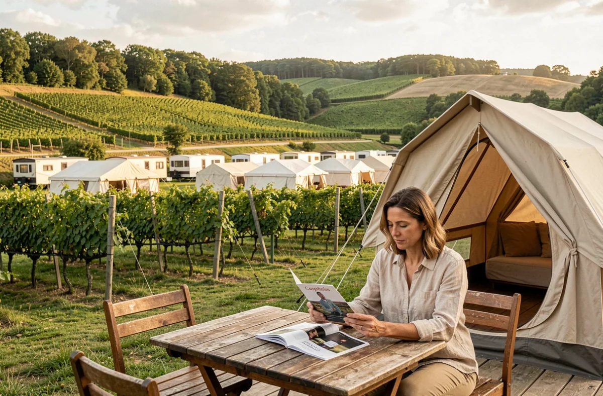 Emplacement de glamping au Camping Capfun Portes du Beaujolais avec vue sur les collines viticoles du Beaujolais