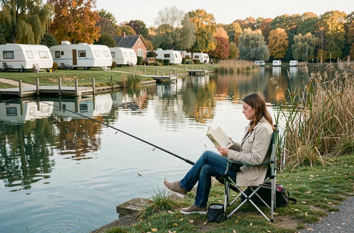Femme pêchant au bord du lac tranquille du Camping d'Hurongues avec reflets d'arbres sur l'eau