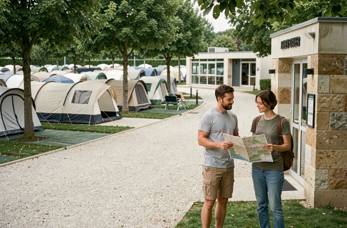Entrée du Camping de Lyon avec couple consultant une carte devant la réception moderne