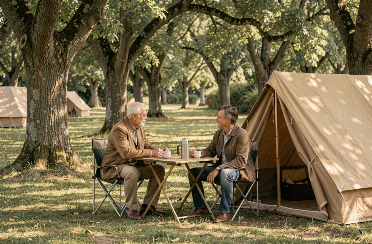 Couple prenant le café devant leur tente au Camping des Barolles dans un cadre boisé et verdoyant