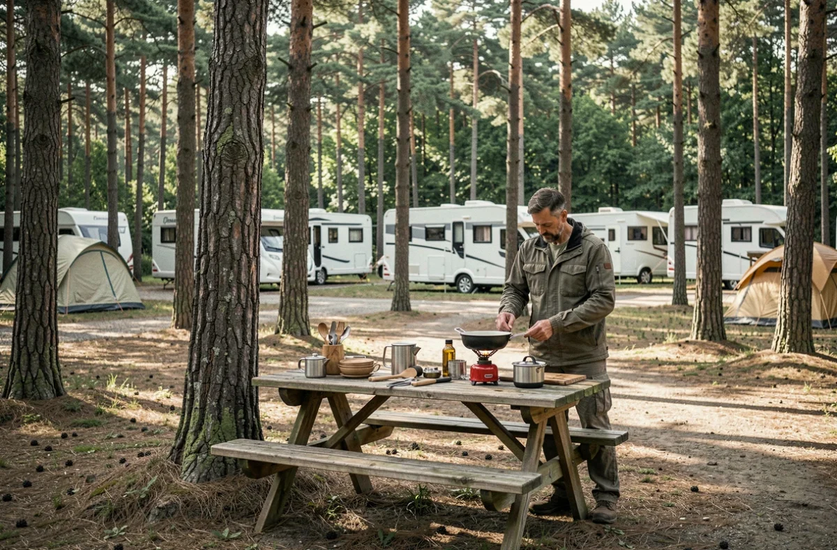 Emplacement ombragé en forêt au Camping Domanium avec campeur préparant sa cuisine de plein air