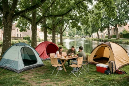 Camping en famille au bord de la rivière près de Creil avec tentes colorées et repas en plein air