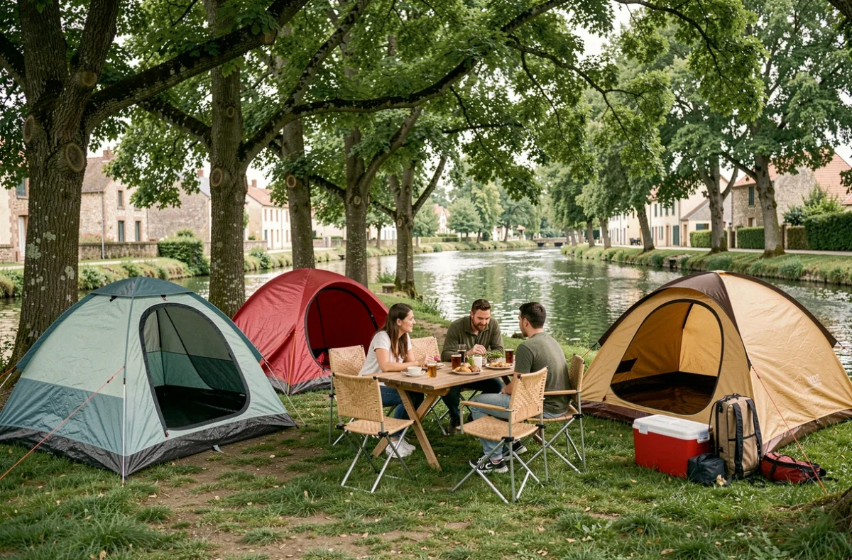 Camping en famille au bord de la rivière près de Creil avec tentes colorées et repas en plein air