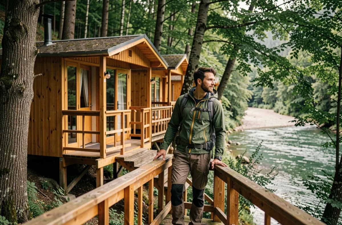 Cabane en bois sur pilotis au Camping Kanopée Village Trévoux Ain avec vue sur la rivière