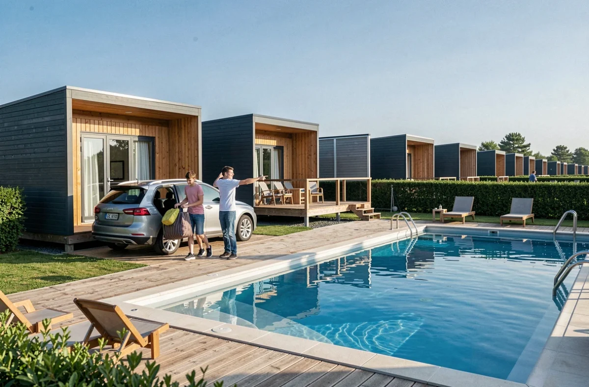 Rangée de chalets modernes avec terrasse en bois au Camping Le Daxia et piscine visible en arrière-plan