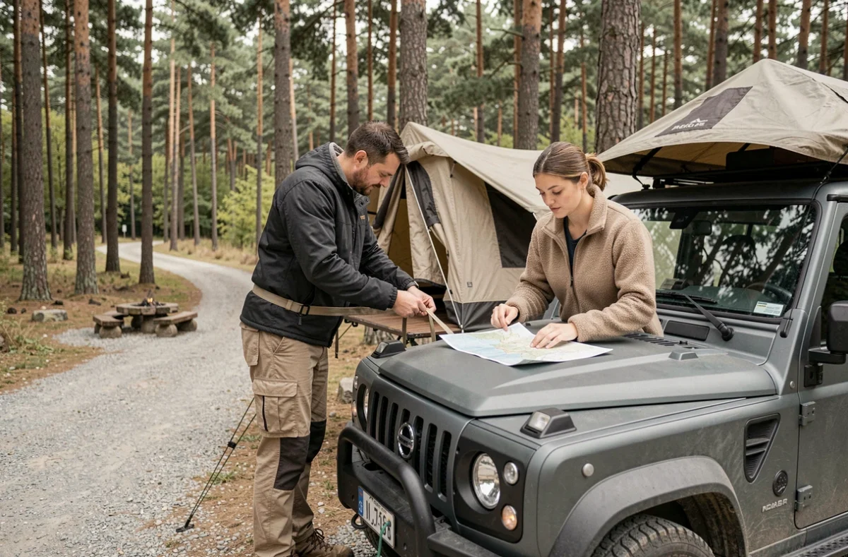 Couple installant une tente de toit sur un 4x4 dans un camping boisé de l'Oise près de Creil