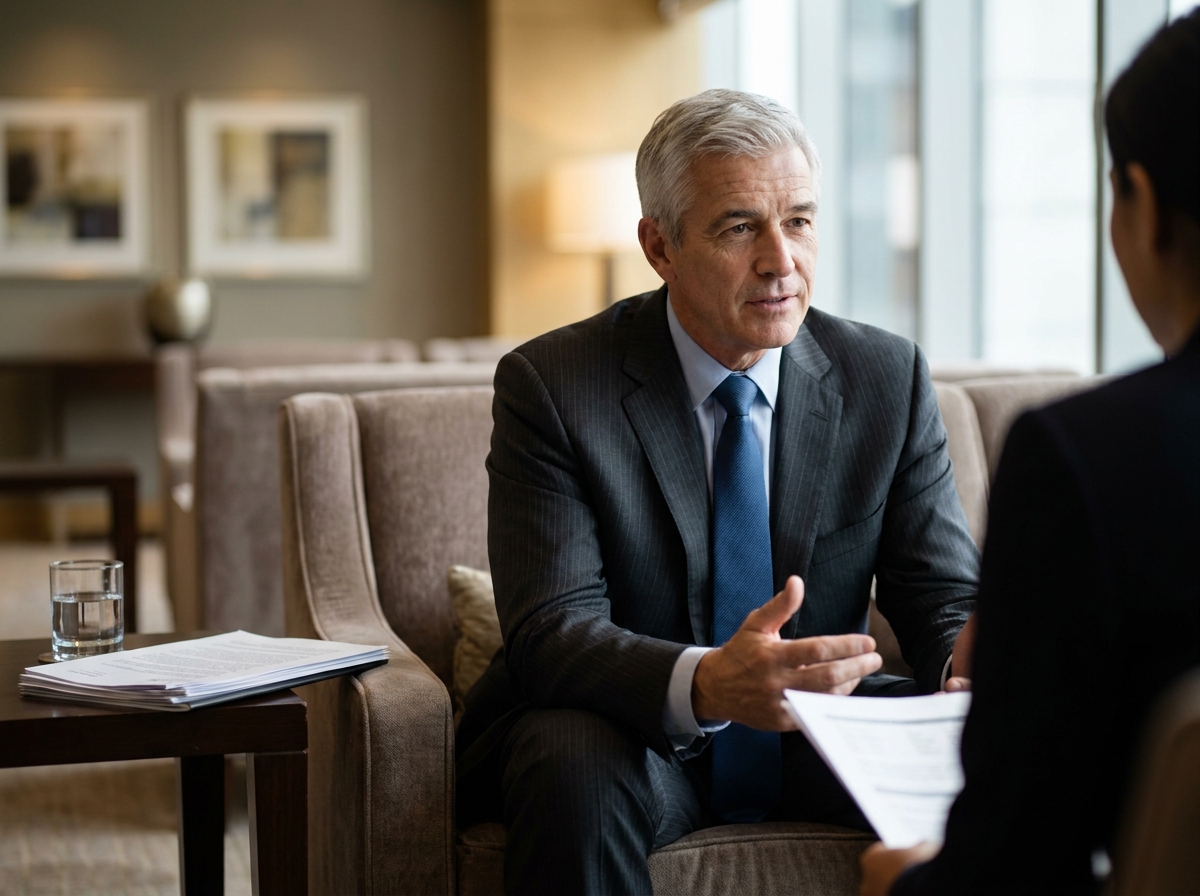Candidat cadre dirigeant senior avec expérience en discussion avec un recruteur spécialisé en sélection de direction générale dans un bureau professionnel