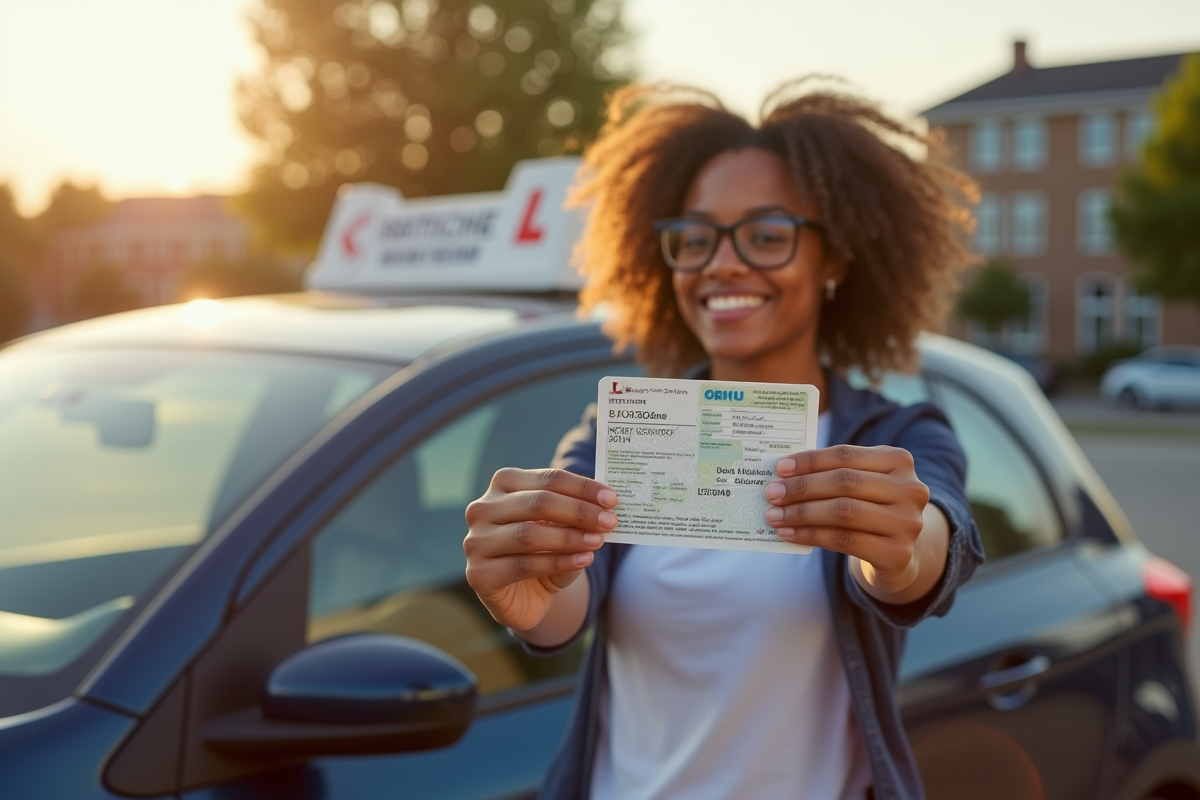 Candidate souriante avec son permis dans un parking ensoleille