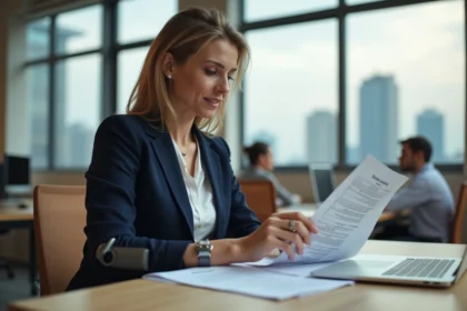 Femme avec prothèse de bras examinant des offres d'emploi adaptées aux personnes en situation de handicap dans un bureau moderne