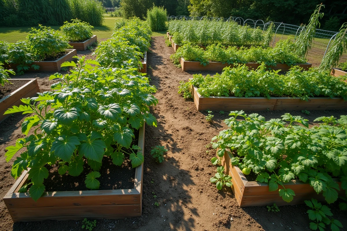 Vue d'ensemble de plants de tomates en carré potager surélevé