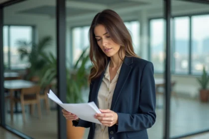 Femme cadre en entreprise française consultant des documents dans un bureau moderne à Paris, incarnant une carrière professionnelle épanouissante