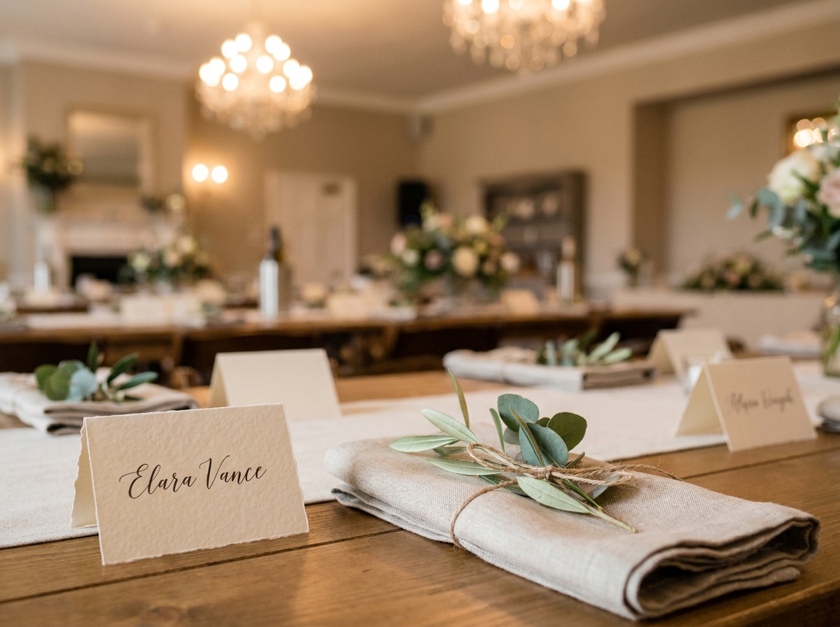 cartons de placement mariage calligraphie serviettes lin plantes aromatiques