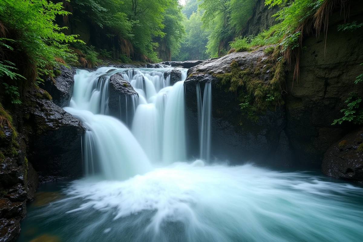 Cascade spectaculaire s'écoulant sur les roches volcaniques sombres des gorges d'Ardèche entourées de végétation luxuriante