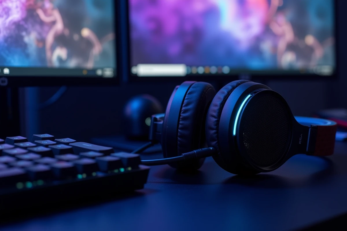 Casque gaming Bluetooth multiplateforme noir et bleu posé sur un bureau gaming avec clavier mécanique et manette