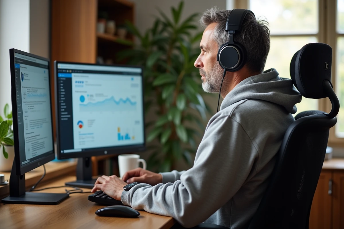 Personne portant un casque Bluetooth ouvert pendant une longue session de télétravail à domicile pour un confort optimal