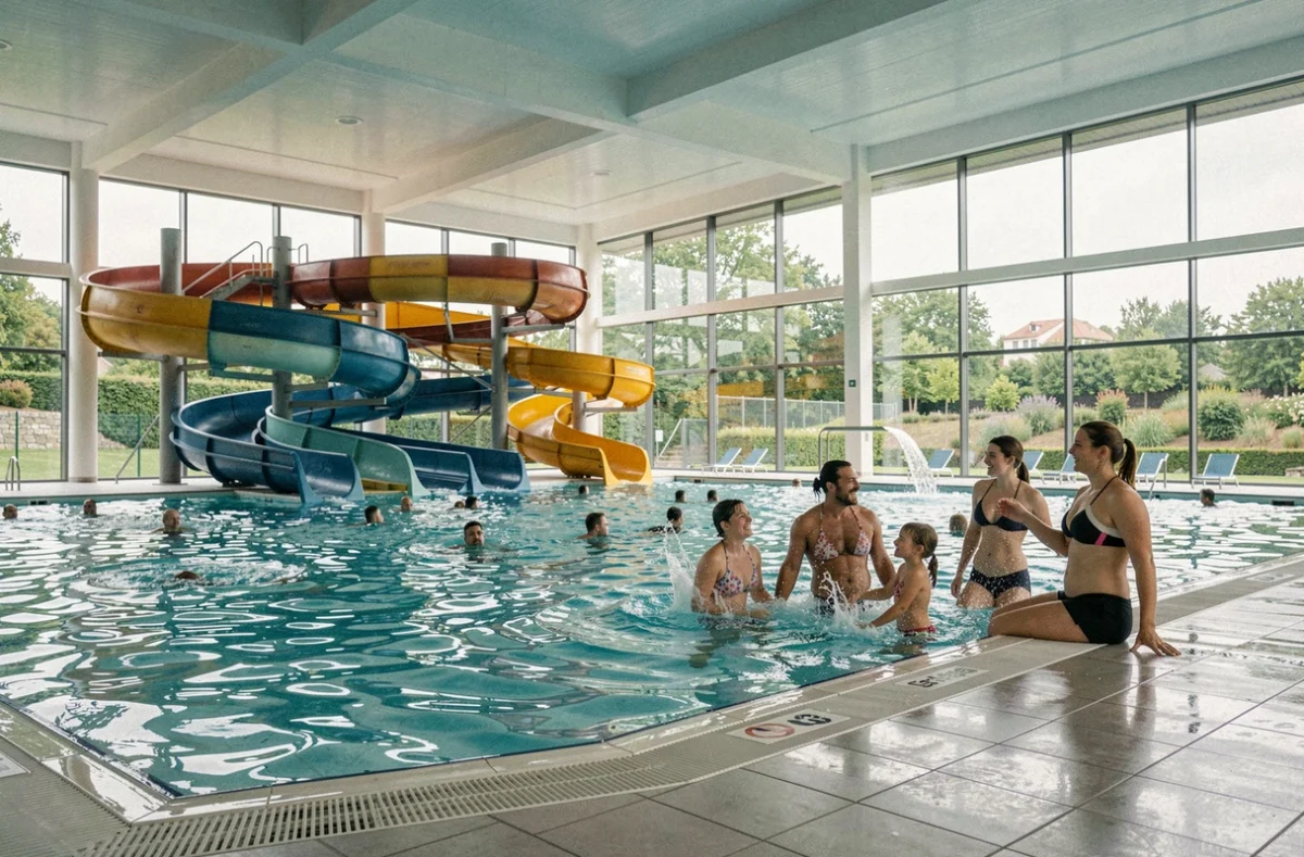 Intérieur du centre nautique AQUARHIN à Ottmarsheim avec toboggans colorés et piscine de loisirs