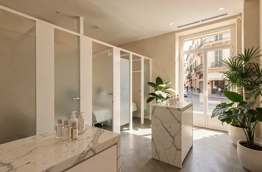 Intérieur luxueux d'un centre de soins du visage à Marseille avec cabines blanches et produits de beauté sur comptoir en marbre