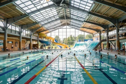 Vue d'ensemble d'un centre aquatique moderne dans le Haut-Rhin avec piscines, toboggans et structure en verre