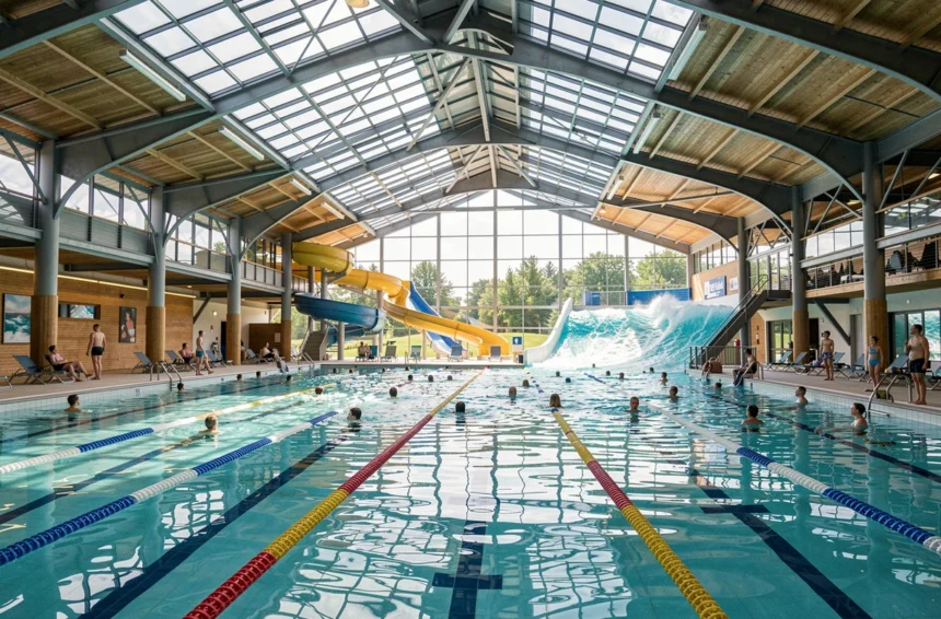 Vue d'ensemble d'un centre aquatique moderne dans le Haut-Rhin avec piscines, toboggans et structure en verre