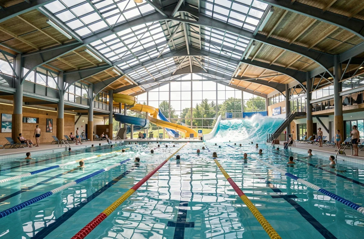 Vue d'ensemble d'un centre aquatique moderne dans le Haut-Rhin avec piscines, toboggans et structure en verre