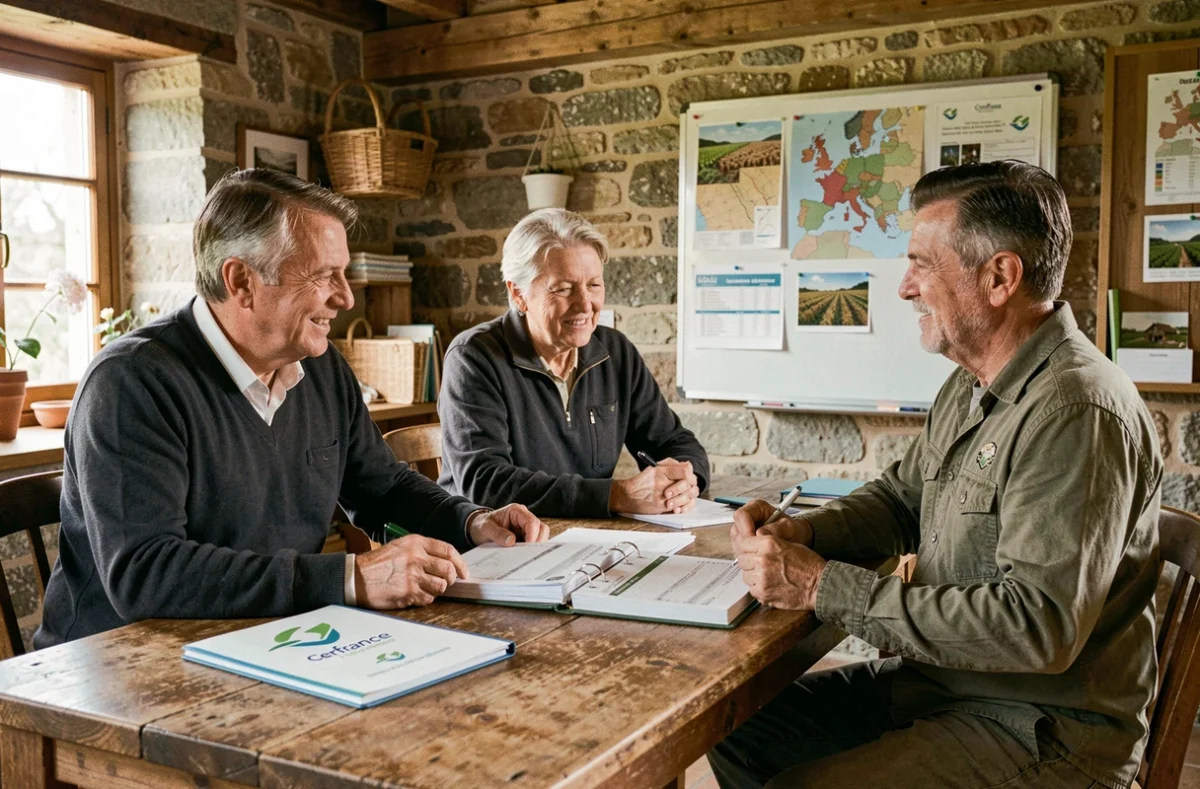 Un conseiller de Cerfrance Loire-Atlantique en consultation avec un couple d'agriculteurs dans leur bureau rural près de Nantes