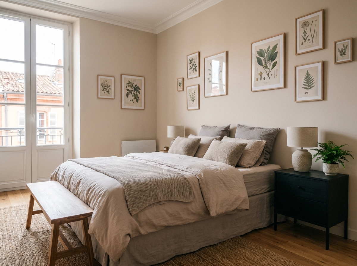Chambre à coucher rénovée à Toulouse avec lit moderne, mobilier bois et décoration épurée