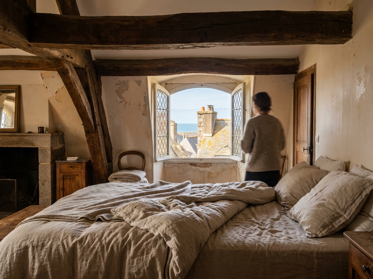 Chambre de famille avec fenêtre ouverte sur vue côtière de Saint-Malo et toits de ville ancienne
