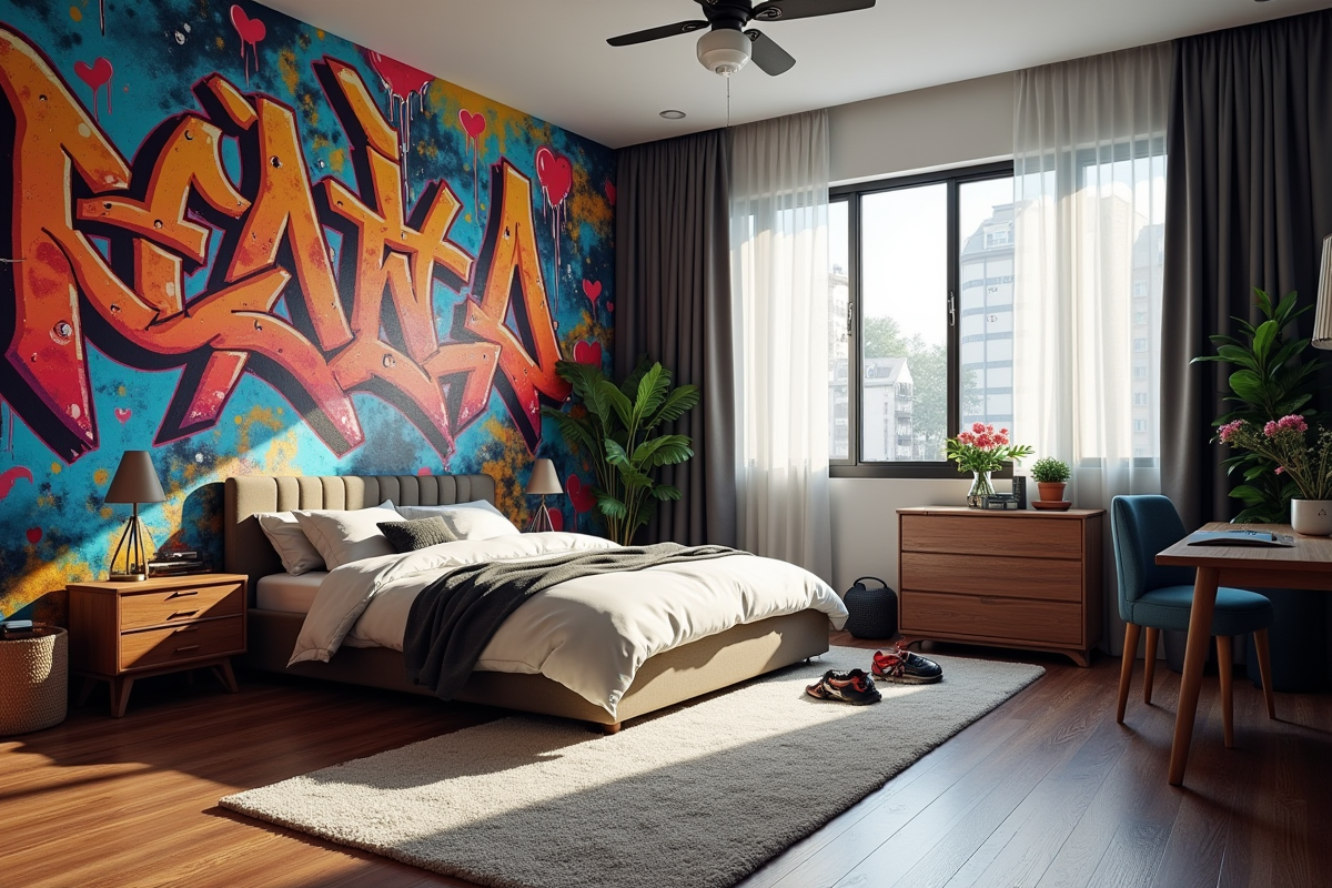Chambre moderne d'adolescent avec graffiti vibrant