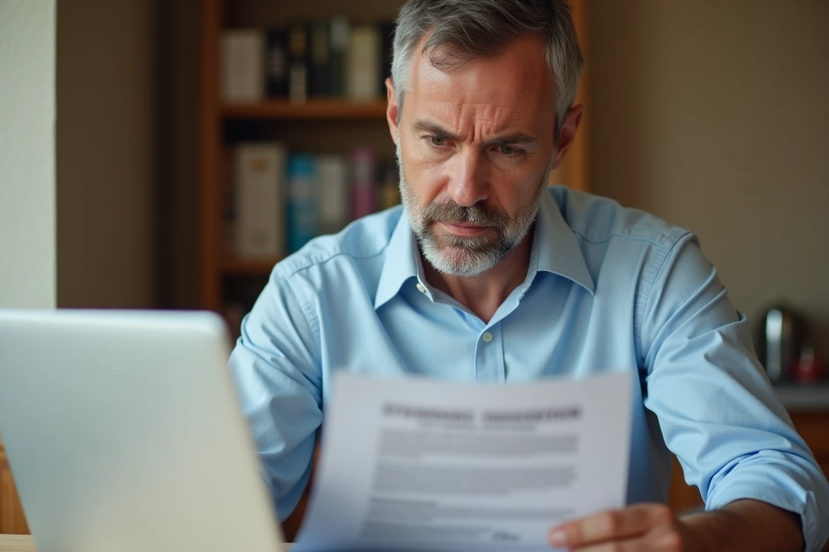 Homme consultant un contrat d'assurance emprunteur à la maison avant de décider de changer d'assurance