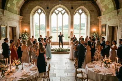 Chanteur se produisant lors d'un mariage en Normandie dans un château historique avec des invités qui dansent