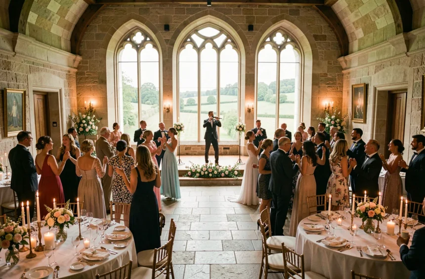 Chanteur se produisant lors d'un mariage en Normandie dans un château historique avec des invités qui dansent