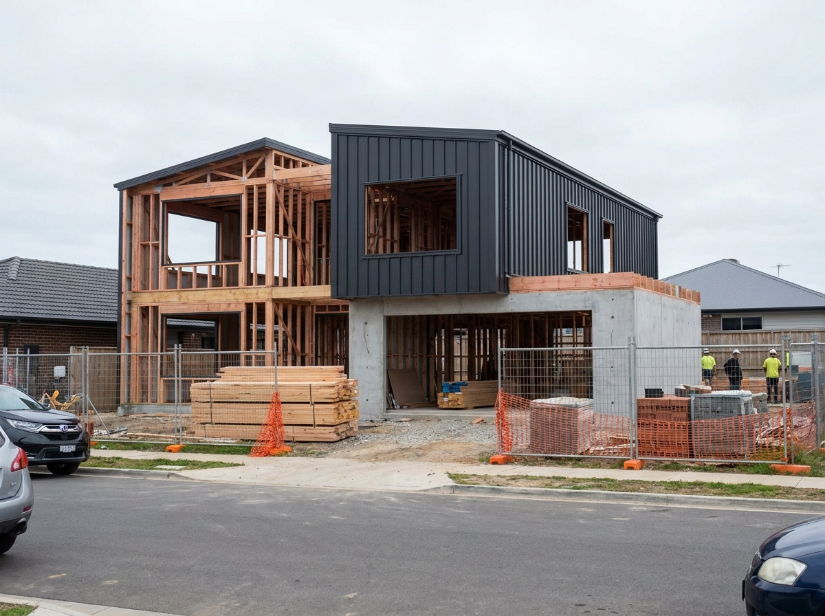 Chantier de construction maison moderne design épuré Brittany Saint-Grégoire économique 2026