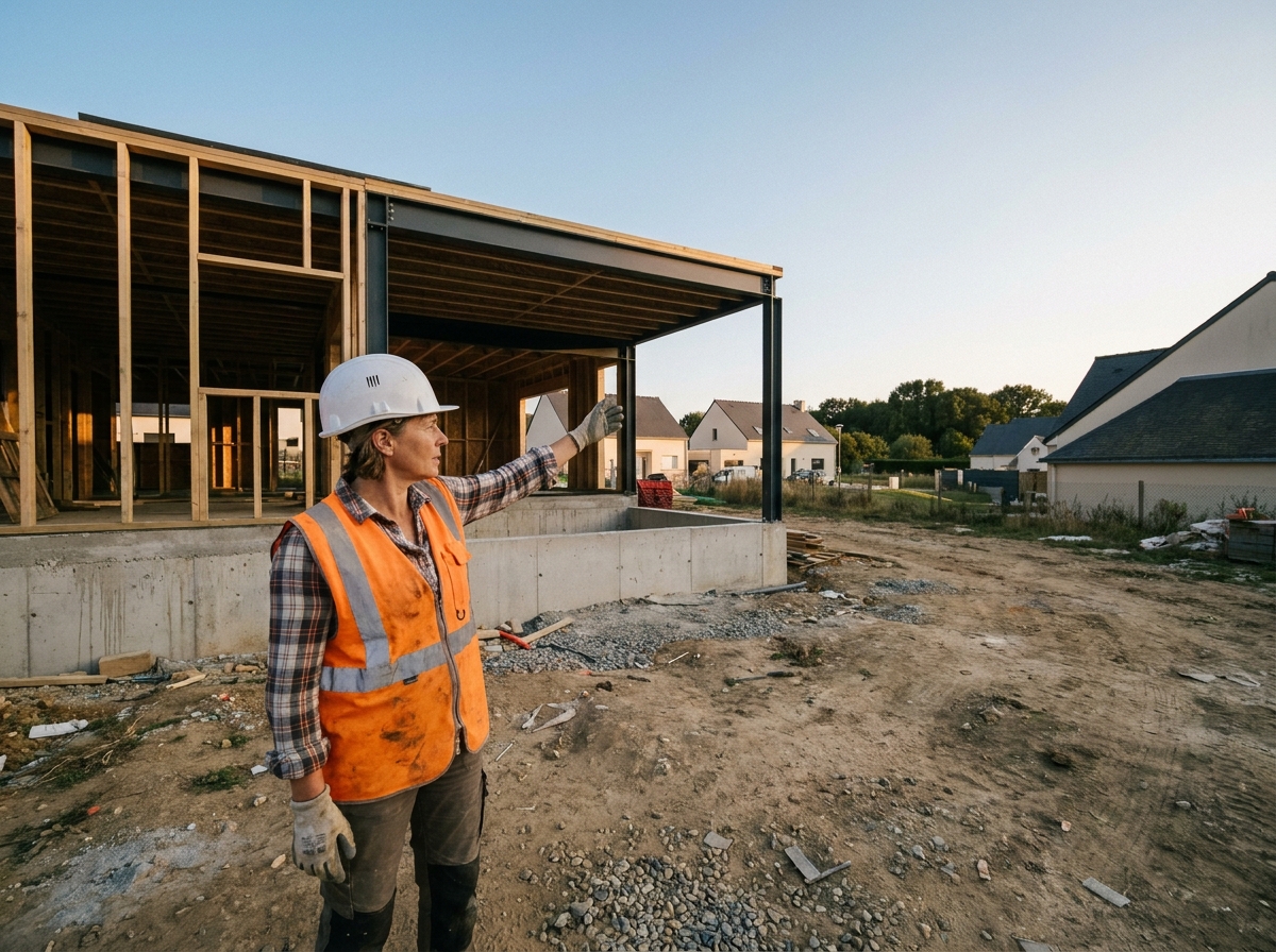 Entrepreneuse superviseur de chantier devant construction de maison moderne respectant le budget à Saint-Grégoire