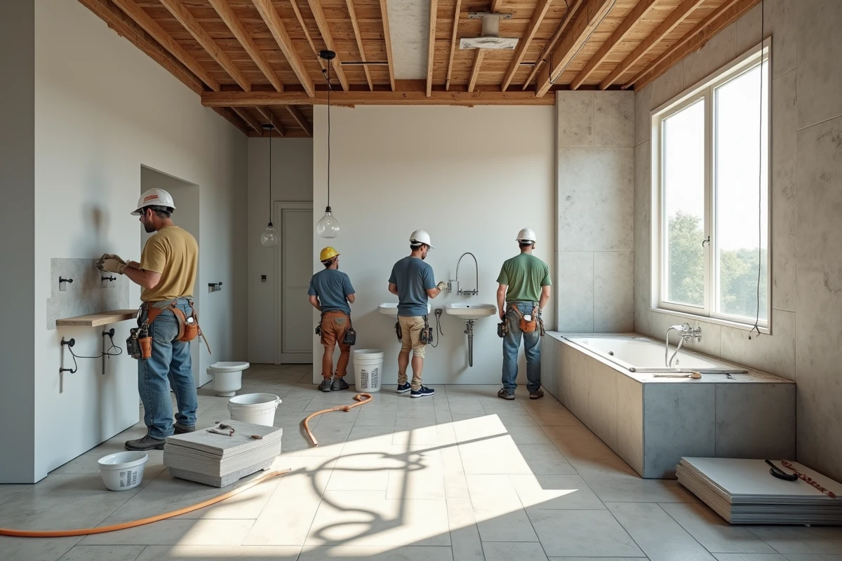 chantier de rénovation salle de bain avec ouvriers et matériaux de construction visible