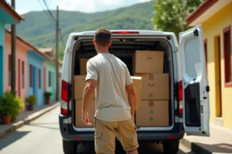 Homme chargeant des cartons de déménagement dans un utilitaire blanc loué à La Réunion