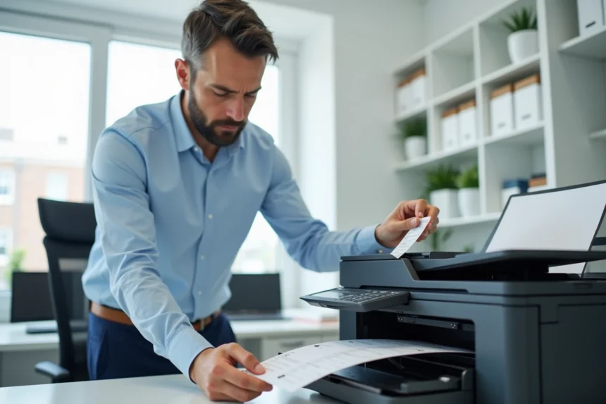 Gestionnaire administratif chargeant correctement des étiquettes adhésives professionnelles dans le bac d'une imprimante de bureau moderne
