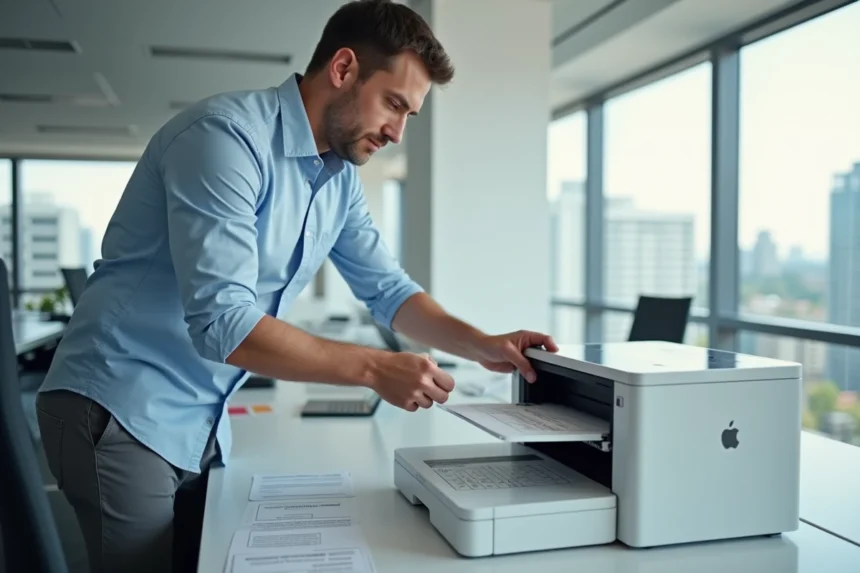 Homme au bureau chargeant des étiquettes dans une imprimante professionnelle pour éviter les bourrages papier