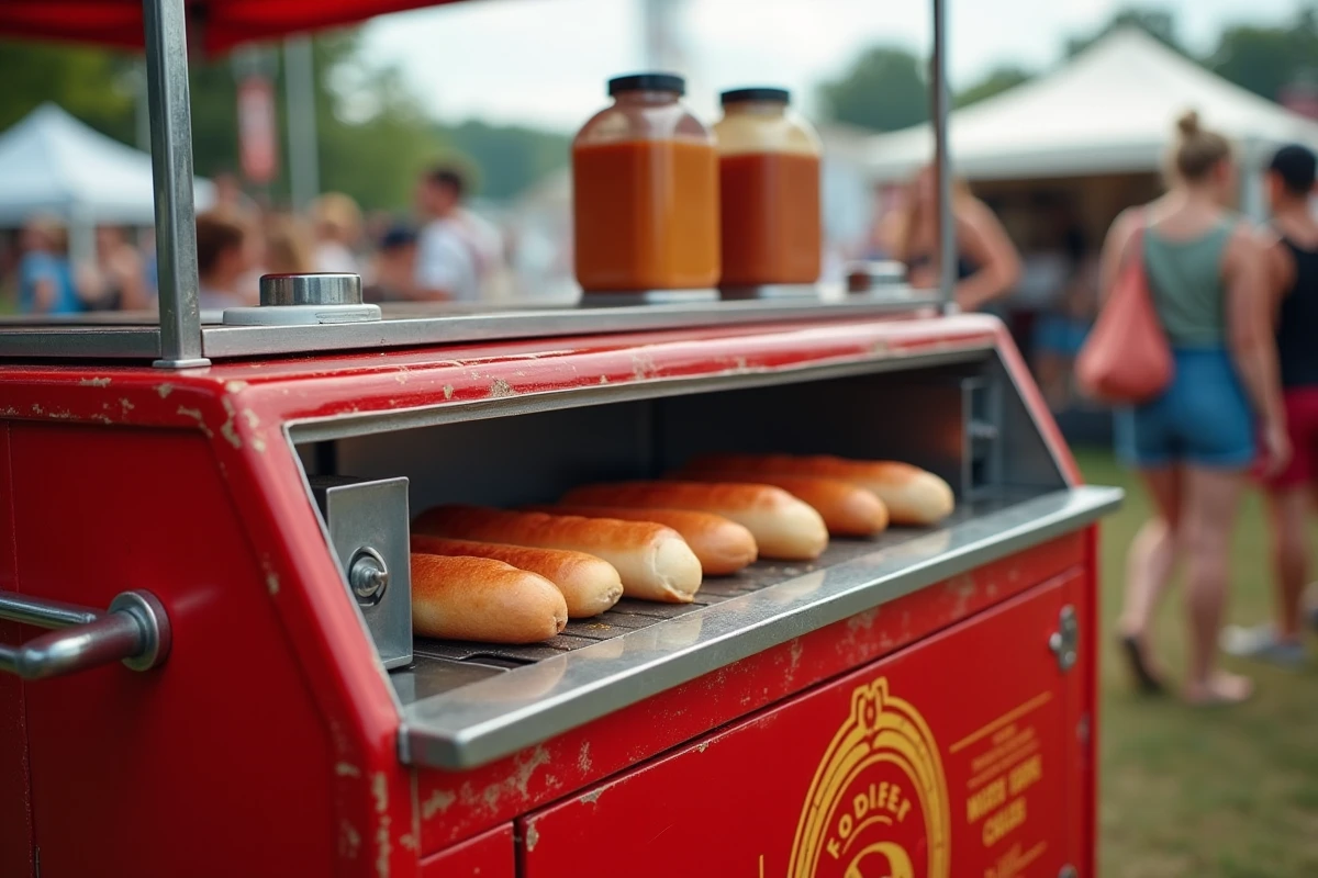 Chariot rouge de vente de hot dogs lors d'un festival avec détails visibles de l'équipement et foule en arrière-plan