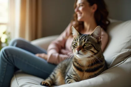 Chat adulte assis paisiblement sur un canapé à côté d'une femme souriante dans un intérieur cosy